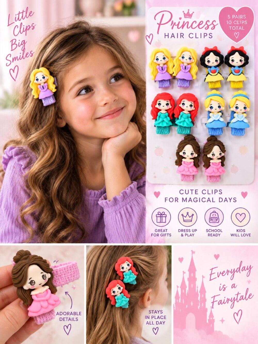 Disney Princess Chibi Hair Clips 10pc 5 Pairs Kawaii Fairytale Girls Barrettes